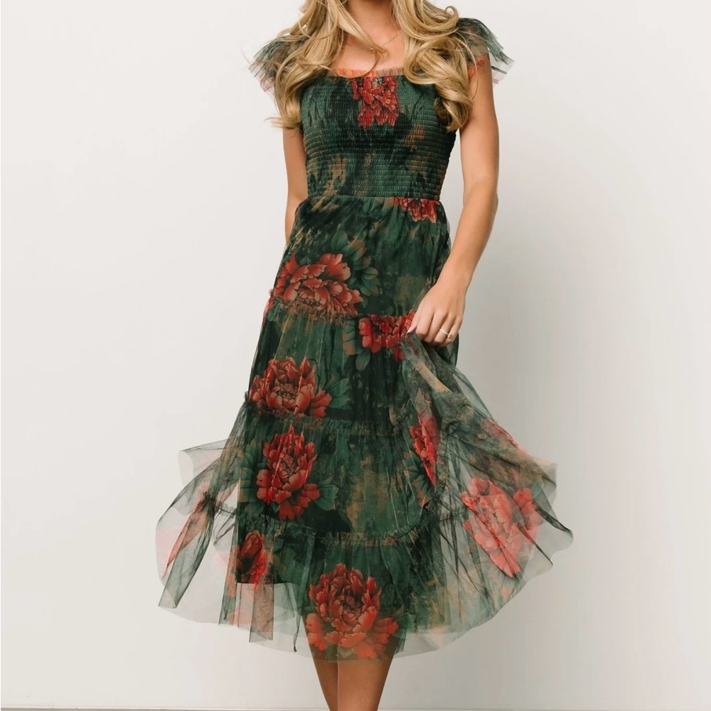 Baltic Born Green and Red Floral Midi Dress